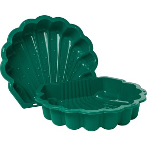 Grüne SwingKing Sandmuschel, zweiteilig, geöffnet und geschlossen dargestellt.