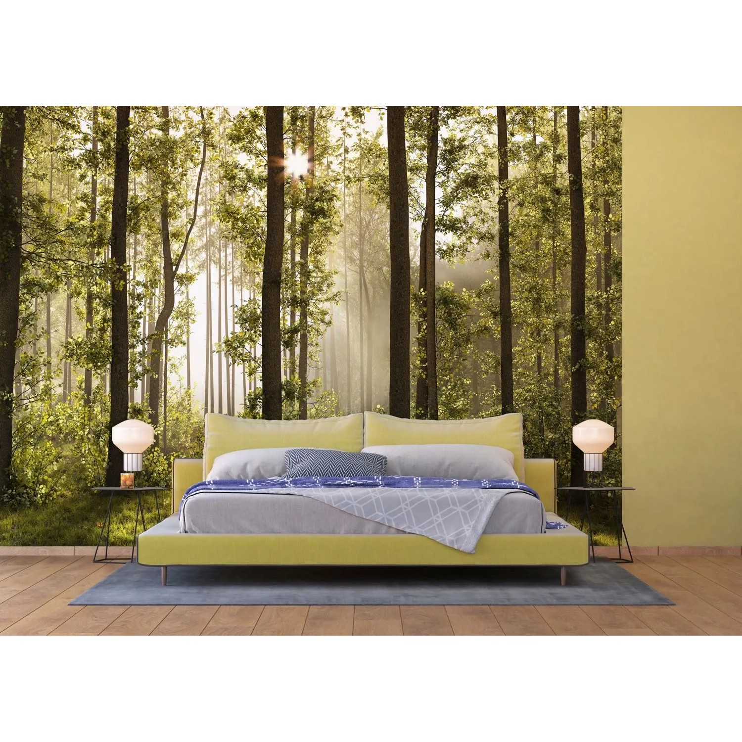 Sanders Fototapete: Bewaldete Landschaft in Grün im Schlafzimmer, 360x254 cm.