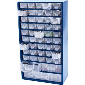 Blaues LUX Stahlmagazin mit 48 transparenten Schubladen zur Aufbewahrung von Kleinteilen.