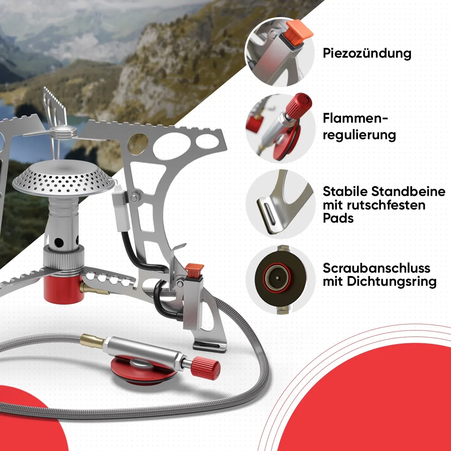 Evocamp Mini-Gaskocher 3.2 kW für Camping und Outdoor, Details wie Piezozündung und Flammenregulierung sichtbar.