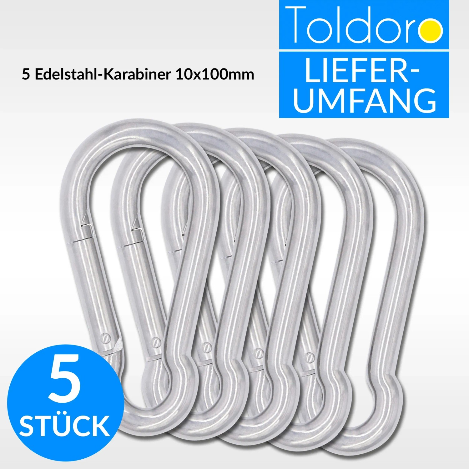 5 Toldoro Edelstahl Karabinerhaken, 10x100mm, rostfrei, ideal für Sonnensegel und mehr.