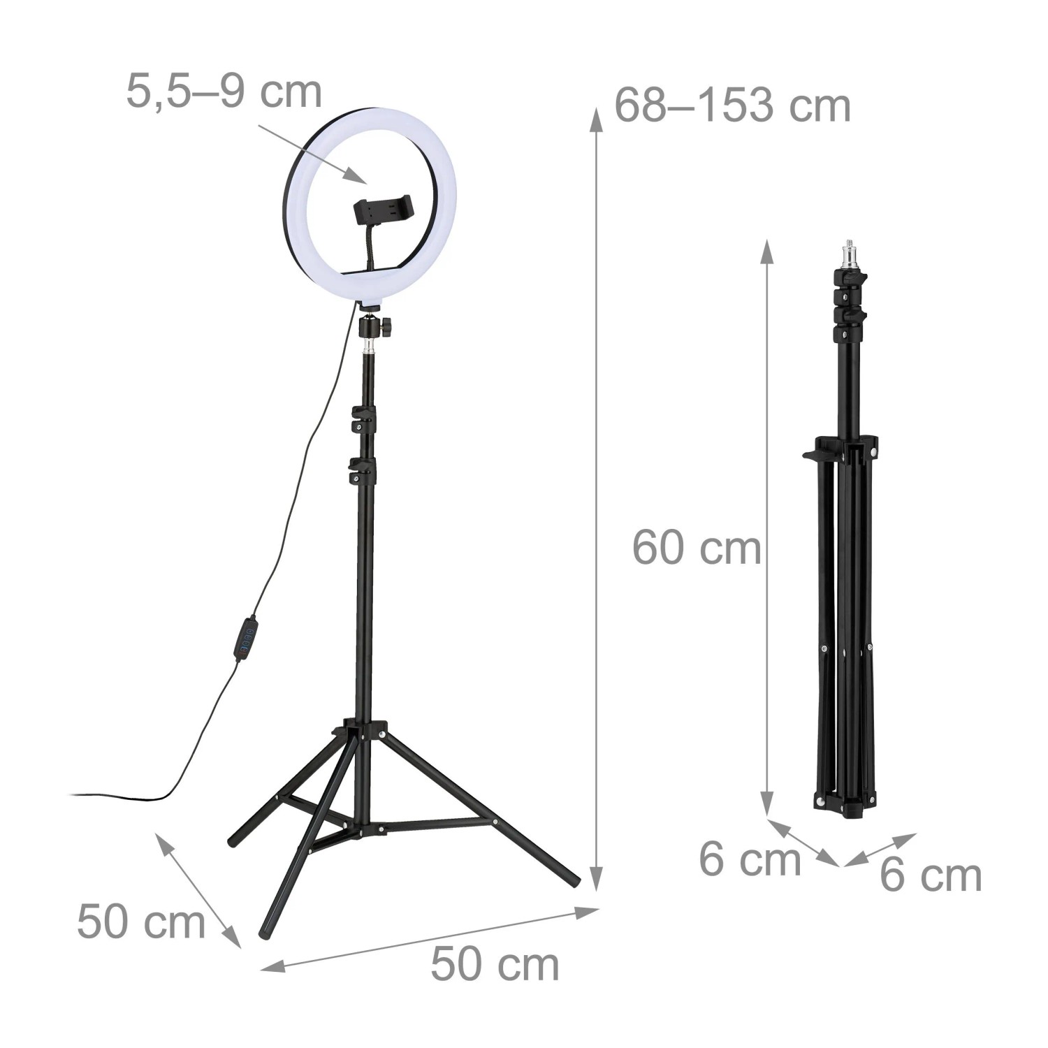 Relaxdays LED Ringlicht mit Stativ Kunststoff Eisen Weiß Schwarz Dimmbar Höhenverstellbar 68 cm bis 153 cm x 50 cm x 50 cm 0,6 kg_4