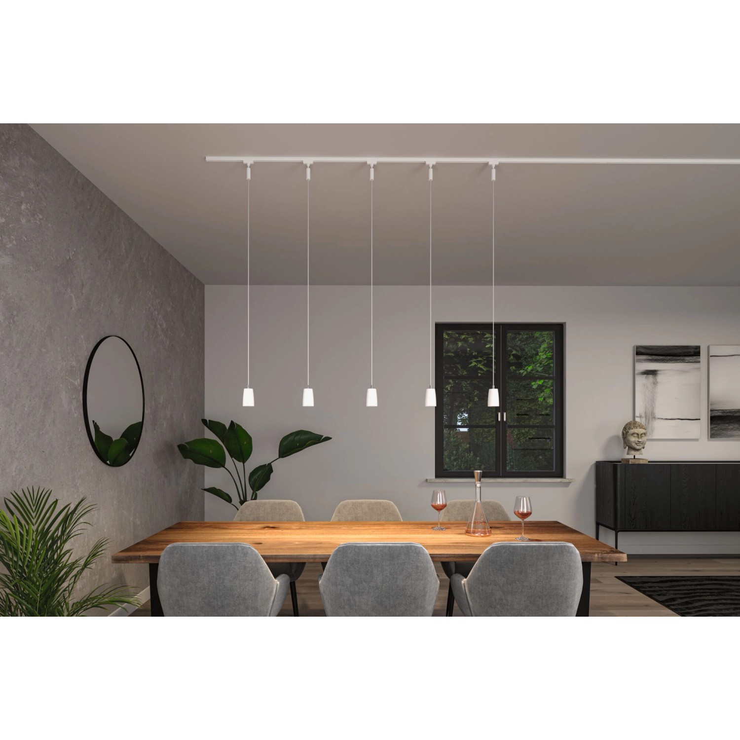 Paulmann URail Pendelleuchten Cover, 5-flammig, signalweiß, über Esstisch. LED-Schienensystem.