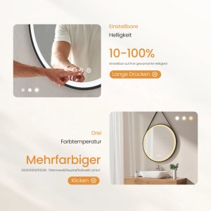 Emke Badspiegel 80cm mit LED-Beleuchtung, dimmbar & beschlagfrei, 3 Farbtemperaturen einstellbar.