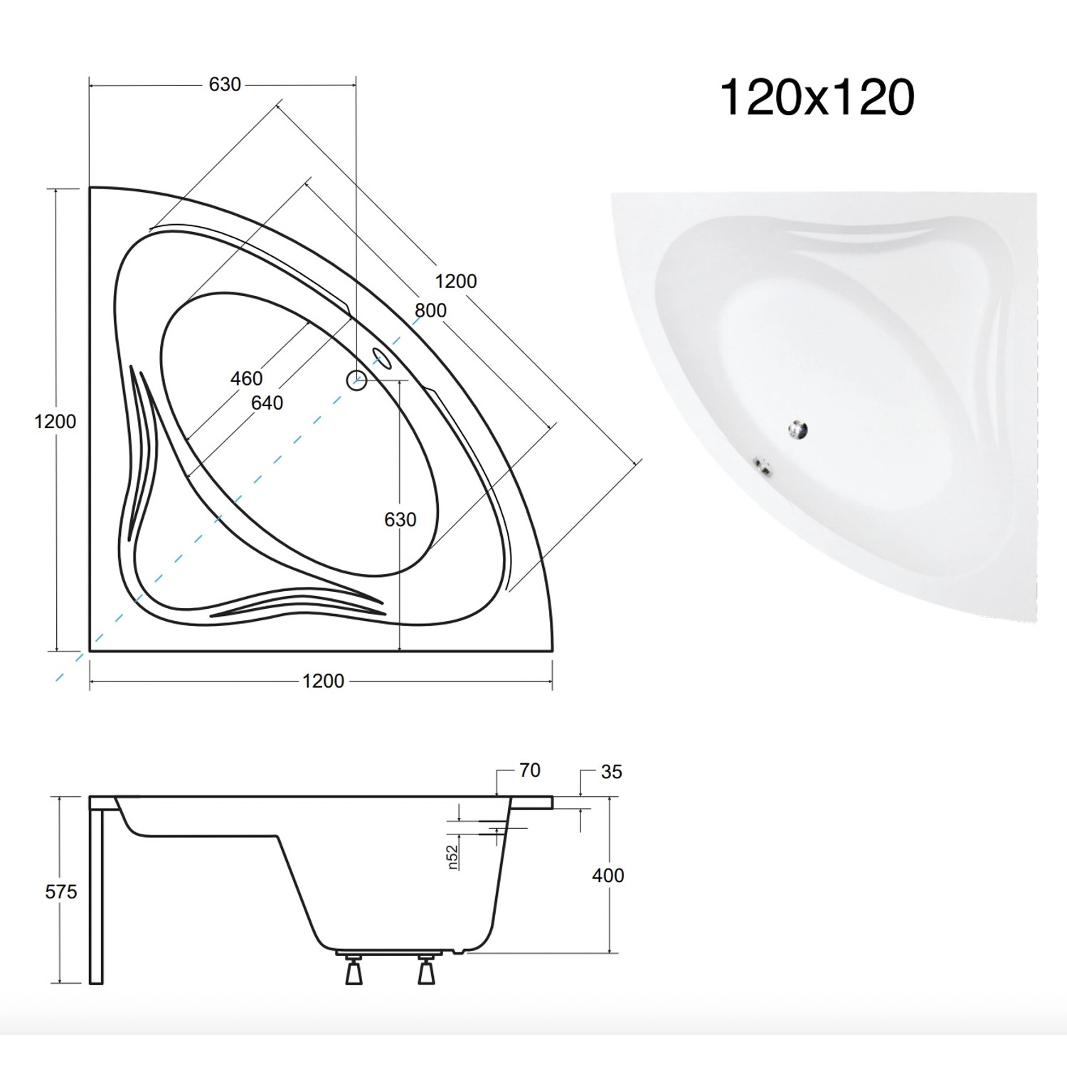 Bad Land Badewanne Eckwanne MIA 120x120 Ablauf Füße_5