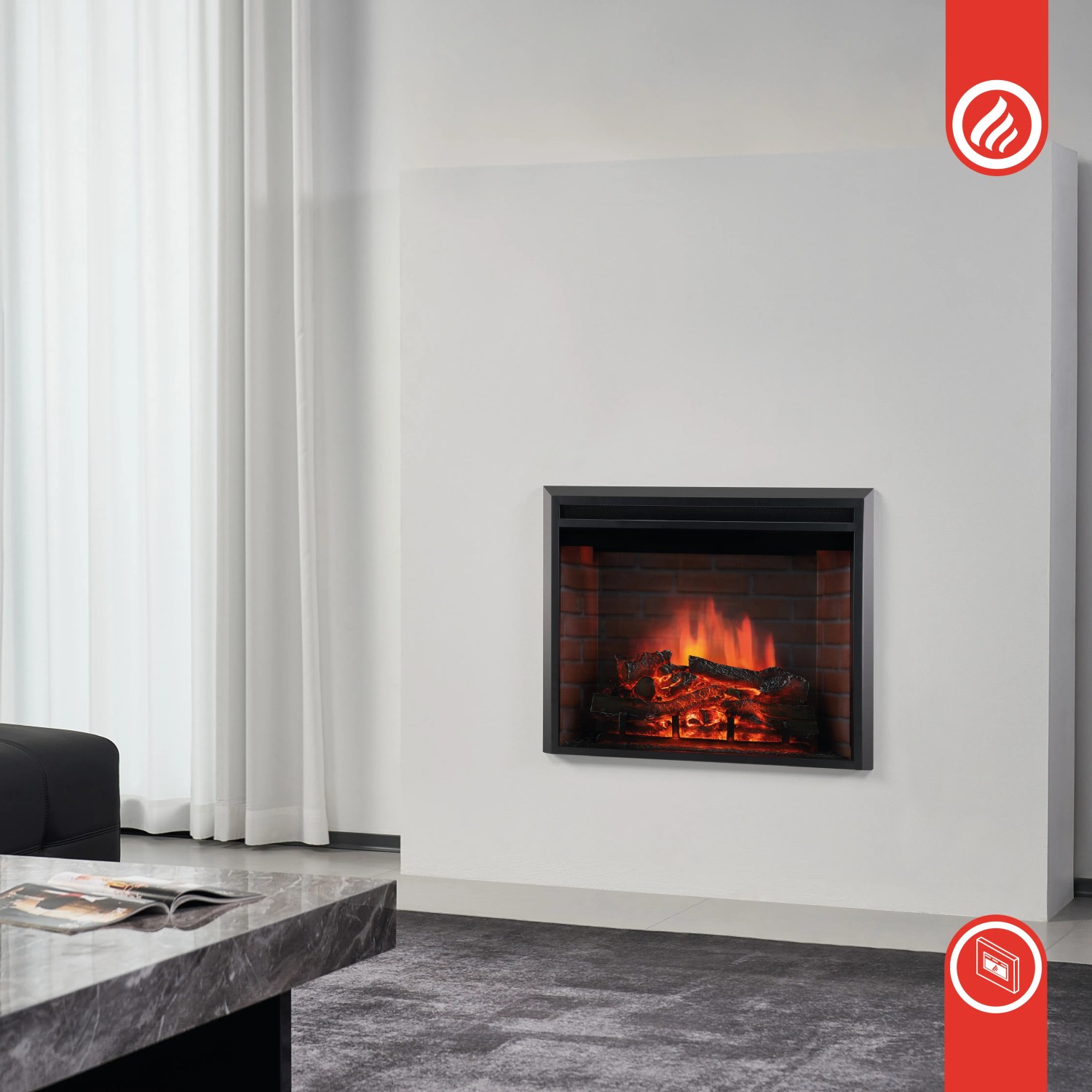 Kaminio Elektrokamin Luca als Einbaukamin mit 3D-Flammeneffekt und Heizung.