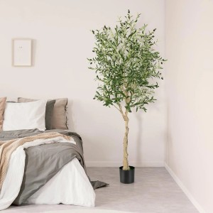 Künstlicher Olivenbaum Costway, 180 cm, mit grünen Blättern und 72 Olivenfrüchten im Schlafzimmer.