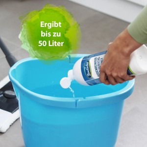 Anwendung: Bactador Bodenreiniger wird in einen Eimer mit Wasser gegeben. Ergibt bis zu 50 Liter Reinigungslösung.
