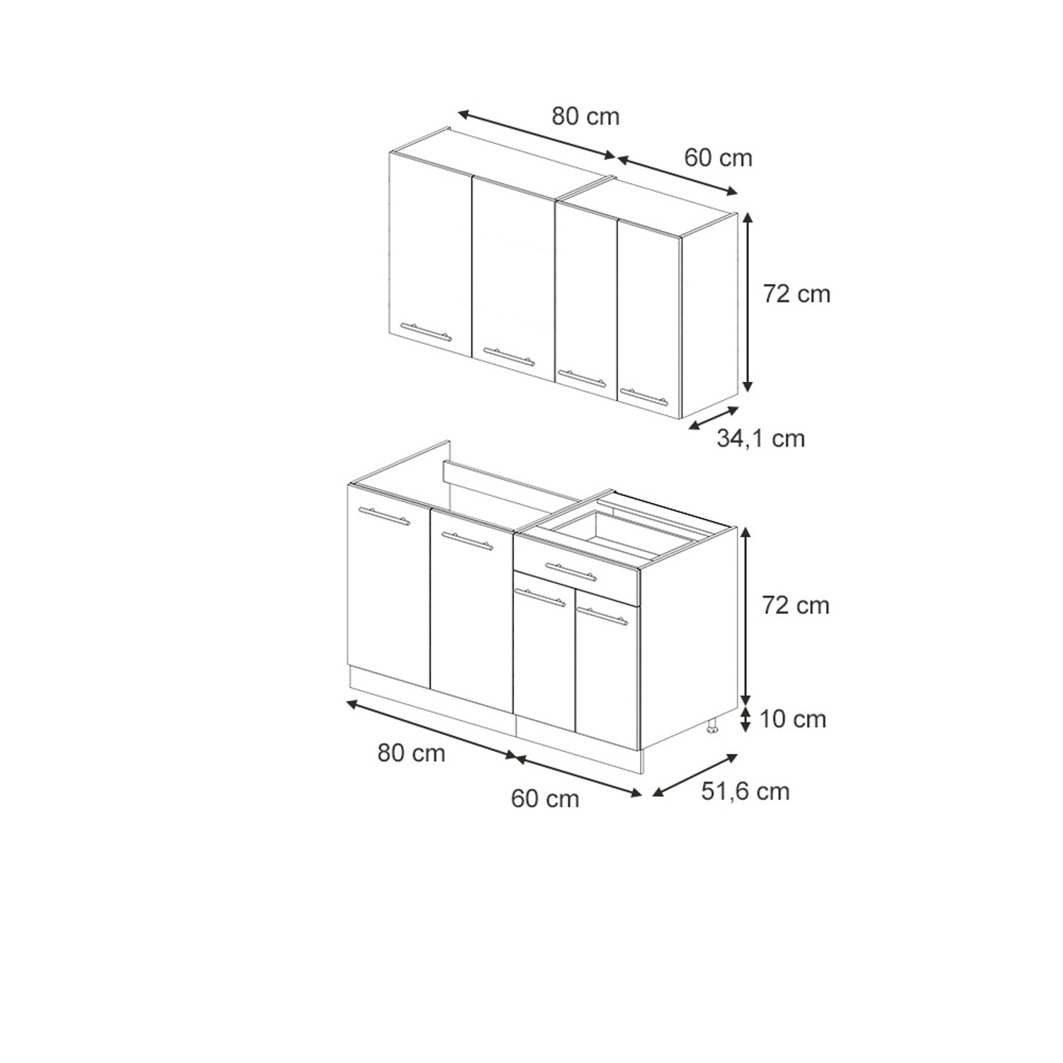 Skizze der Vicco Fame-Line Singleküche 140 cm in GrauBeige/Weiß, ohne Arbeitsplatte, mit Maßangaben.