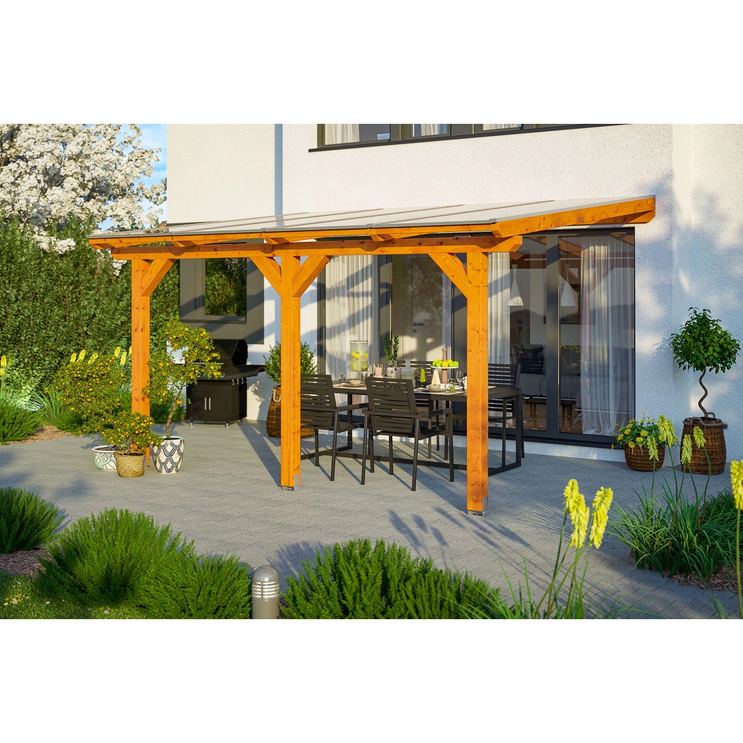 Skan Holz Terrassenüberdachung Andria 434 x 300 cm Leimholz Eiche hell