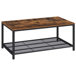 Holzfarbener Couchtisch Connie mit schwarzem Metallgestell und Gitterablage.