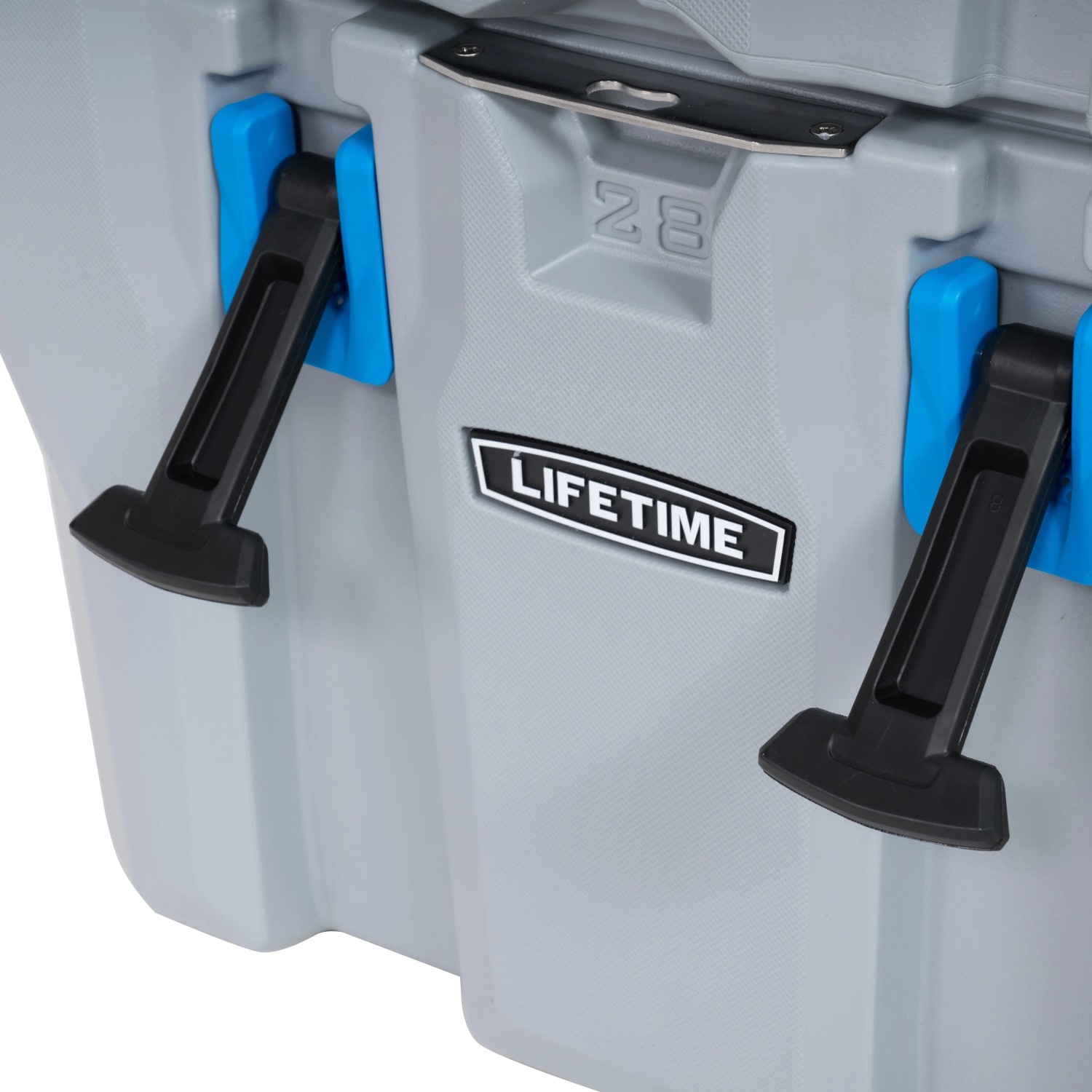 Graue Lifetime Kühlbox Campingbox (26,5 Liter) mit schwarzen Verschlüssen und blauem Akzent.