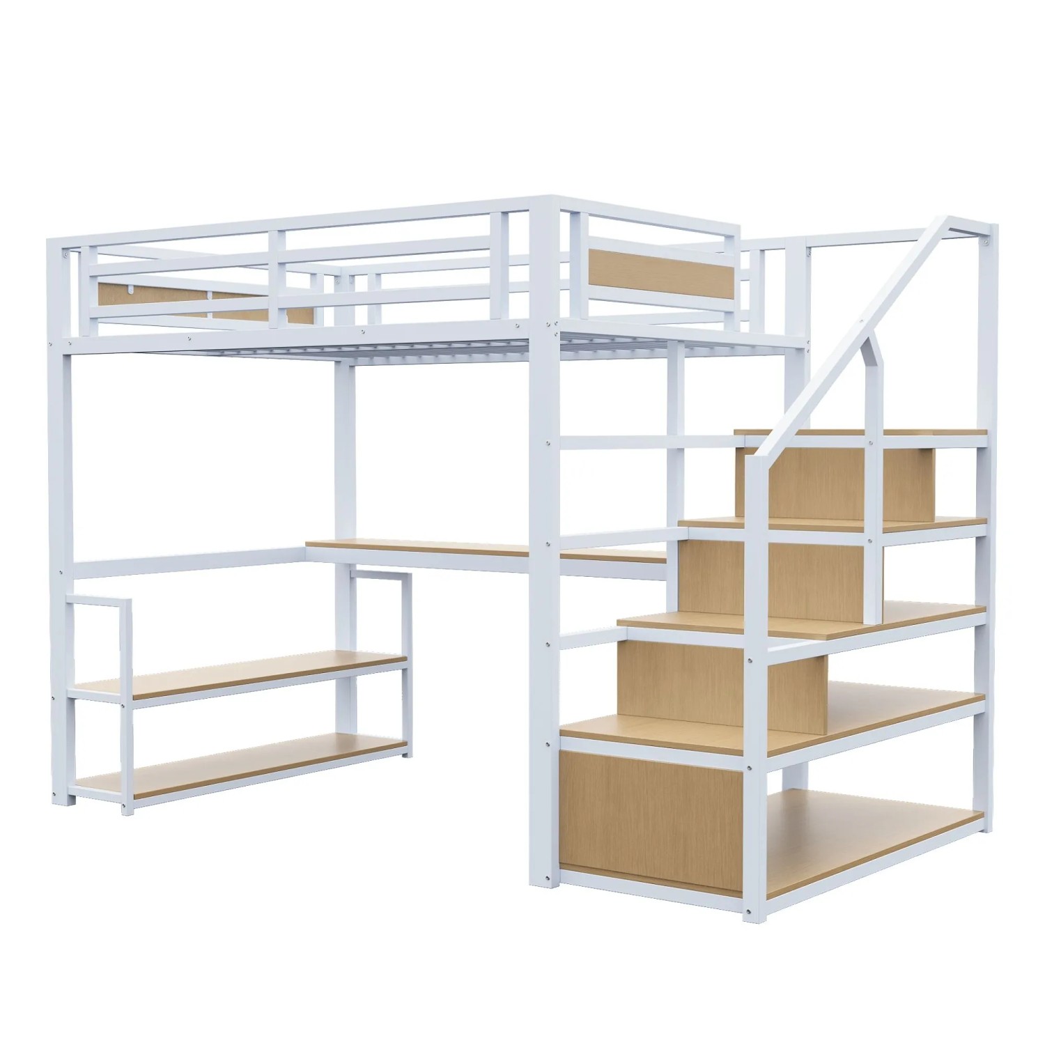 okwish Hochbett 140x200cm mit Stauraumleiter Regalen Tisch Jugendbett Weiß ohne Matratze