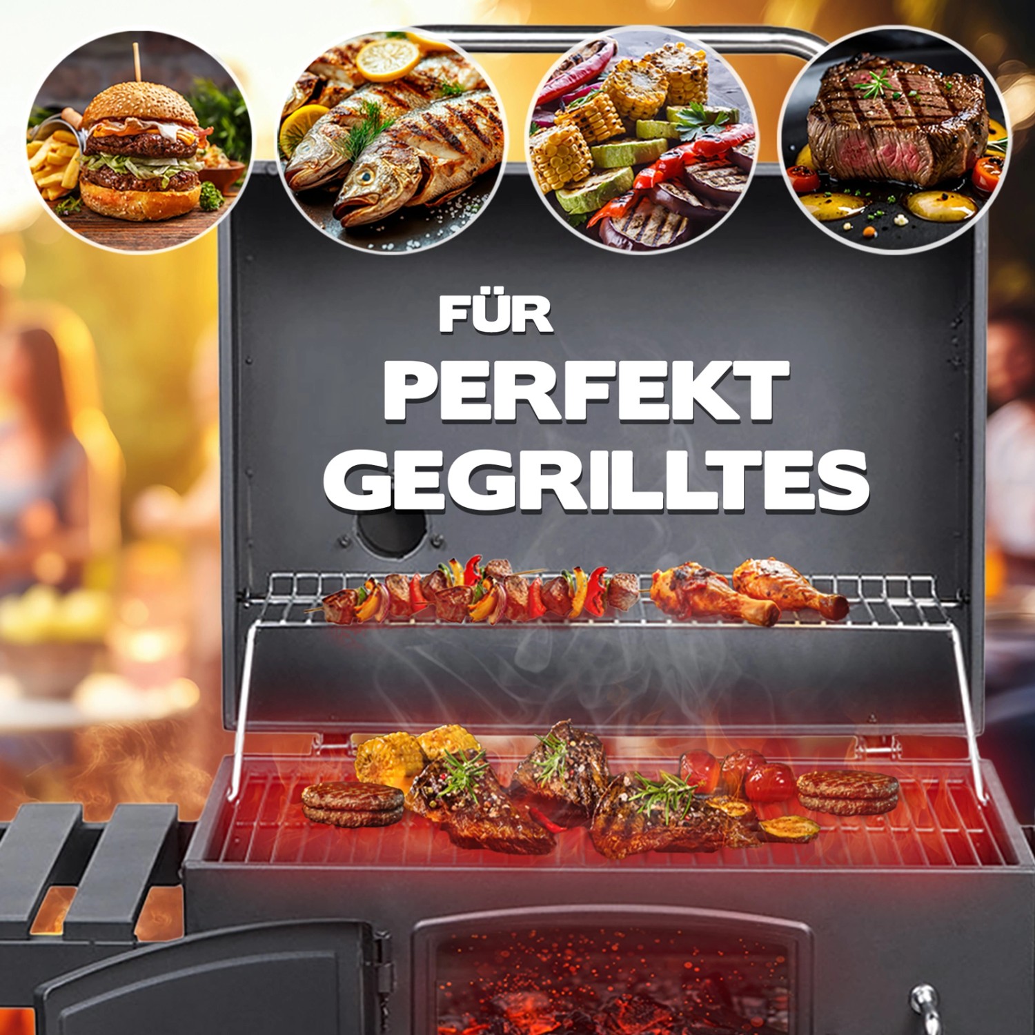 Taino Hero XL Holzkohlegrill mit Grillgut und dem Schriftzug "Für perfekt Gegrilltes".