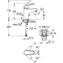 Technische Zeichnung: Grohe Swift Waschtischarmatur mit Maßen und Details zur Installation.