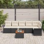 7-teiliges Gartensofa-Set von vidaXL aus schwarzem Rattan mit cremefarbenen Kissen und Tisch.
