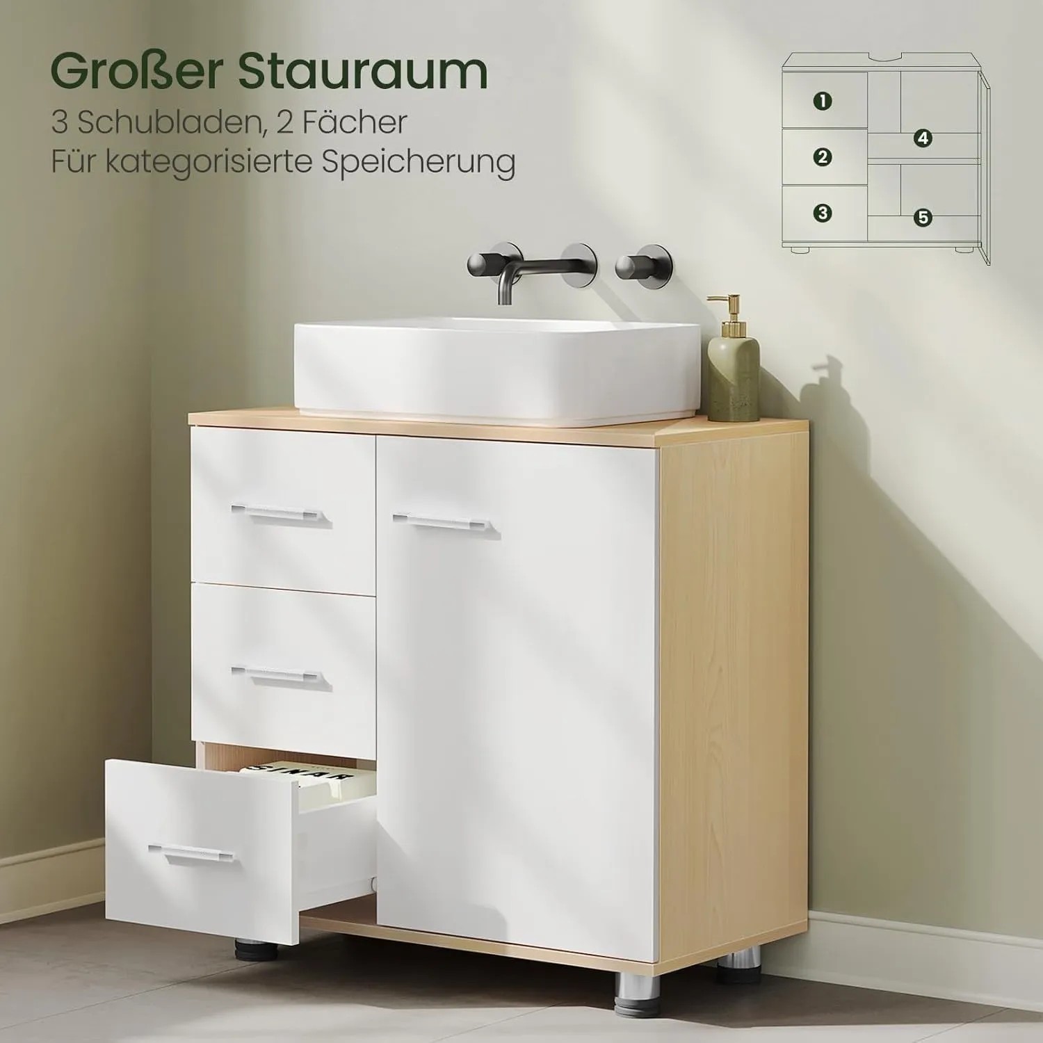 EUGAD Waschbeckenunterschrank weiß/Holzoptik mit 3 Schubladen und Türfach. Modernes Badmöbel für viel Stauraum.