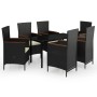 Schwarze 7-tlg. vidaXL Garten-Essgruppe mit Rattanstühlen, Holzarmllehnen und Glas-Tischplatte.
