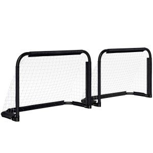 Zwei schwarze, faltbare HOMCOM Fußballtore aus Metall mit Netz für Spiel & Spaß im Garten.