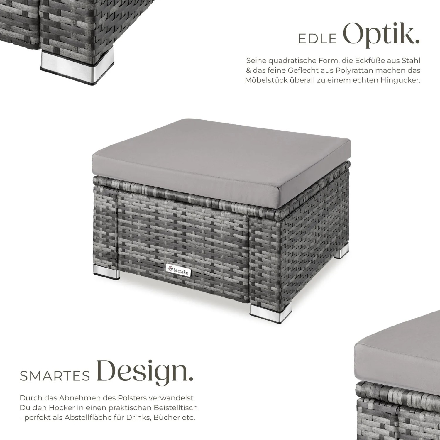 Grauer Tectake Rattan Sitzhocker Bitonto aus Polyrattan mit hellem Kissen. Quadratisch, auch als Beistelltisch.