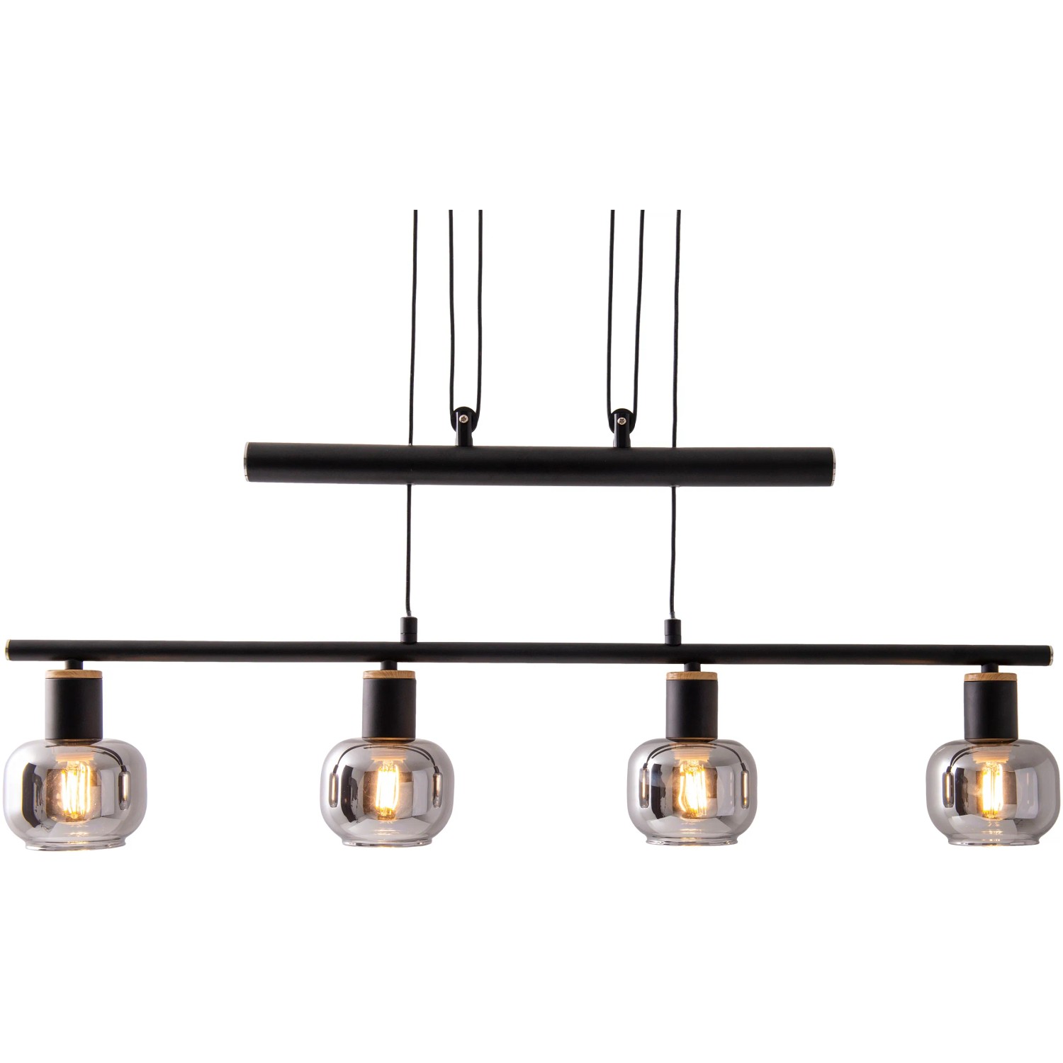 Näve Pendelbalkenleuchte Fumoso, 4-flammig, schwarz/natur mit getönten Gläsern.