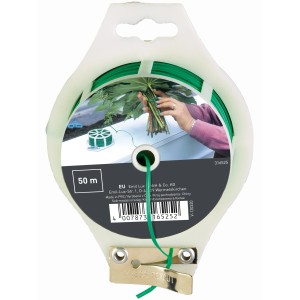 Grüner Flachbindedraht, 50 m Rolle mit Schneidevorrichtung, ideal zum Pflanzenbinden und Basteln.