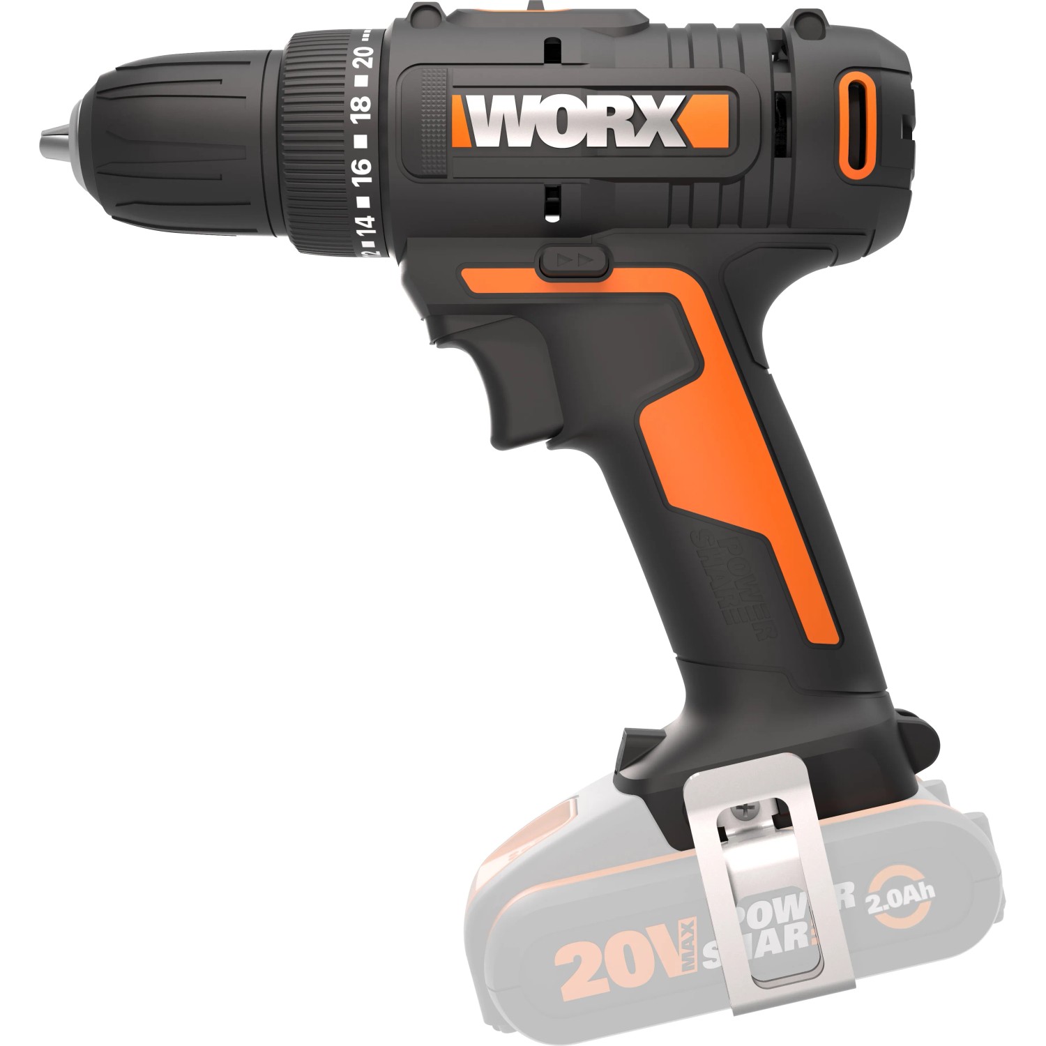 Worx 20V Akku-Bohrschrauber WX100.9 Solo, Akku-Schrauber in Schwarz/Orange. Ohne Akku.