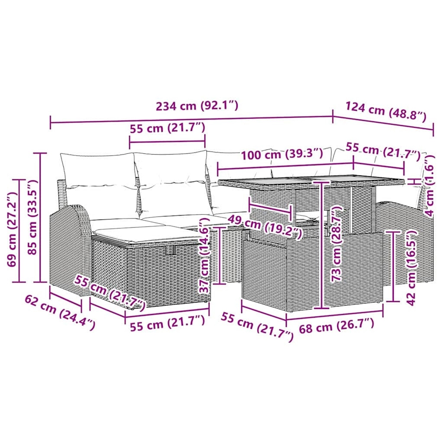 vidaXL Gartenmöbel-Set Beige, 7-teilig mit Tisch, Sofa, Hockern und Kissen. Poly Rattan.