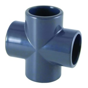 Dunkelgraue PVC-U Kreuzmuffe 63 mm PN16 für druckbeständige Rohrverbindungen.