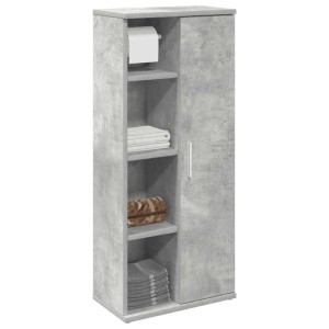 Betongrauer Badezimmerschrank aus Holzwerkstoff mit Rollenhalter, offenen Fächern und Tür. Mit Toilettenpapier und Handtüchern.