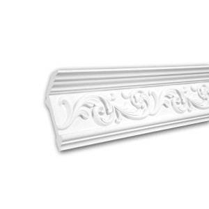 Weiße PROFHOME Eckleiste aus Polyurethan, 2 m, mit floralem Rokoko-Design für Decken und Wände.