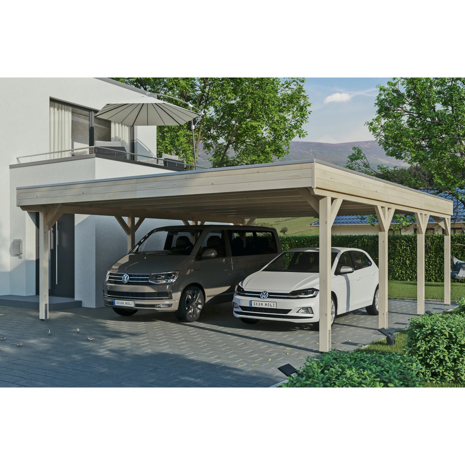 Skan Holz Carport Grunewald 622 cm x 796 cm mit Aluminiumdach Natur