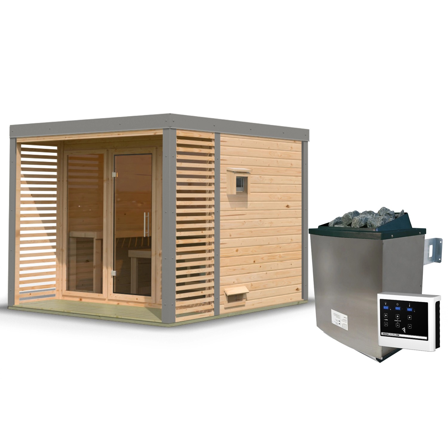 Karibu Saunahaus Seros 3 Zoll mit Ofen 9 kW Extern Naturbelassen/Graualumin günstig online kaufen