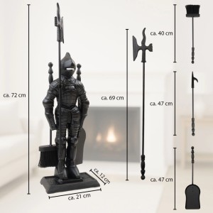 Schwarze TRUTZHOLM Kamingarnitur „Ritter“ aus Gusseisen, 4-teilig mit Schaufel, Besen, Schürhaken und Ständer in Ritterform.