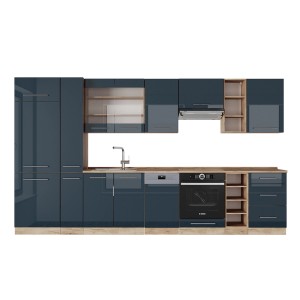 Vicco Fame-Line Küchenzeile, 355 cm, Dunkelblau Hochglanz/Goldkraft Eiche, ohne Arbeitsplatte.
