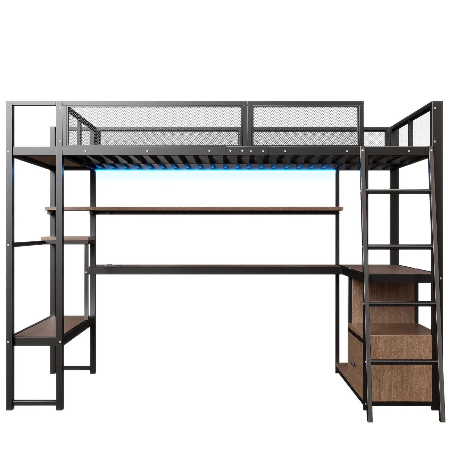 Merax Gaming Hochbett 140x200 cm Metall mit Arbeitsplatz LED Stauraum Schwarz