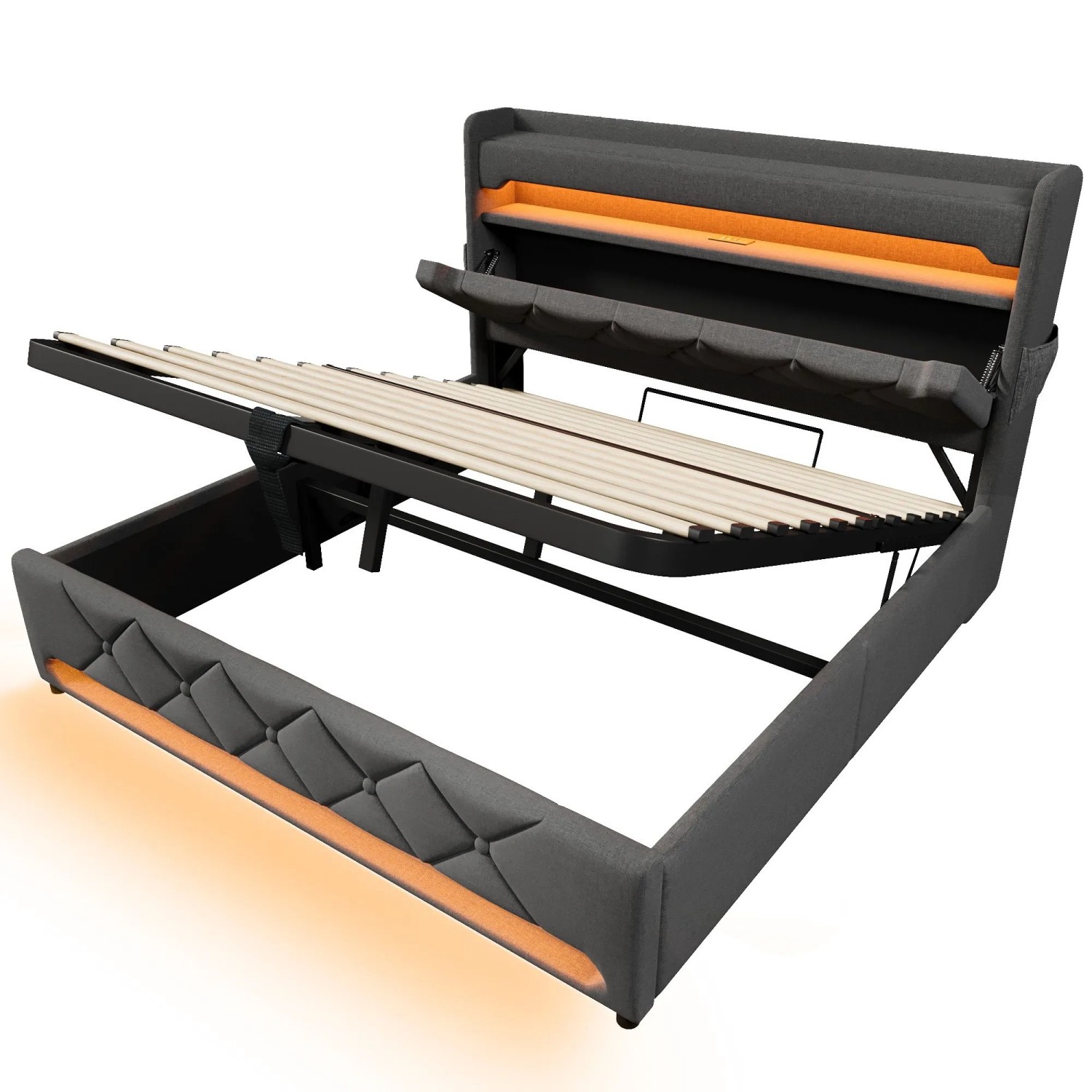 Okwish Polsterbett 160x200cm Mit Led Stauraum Usb Kopfteil Grau Ohne Matratze