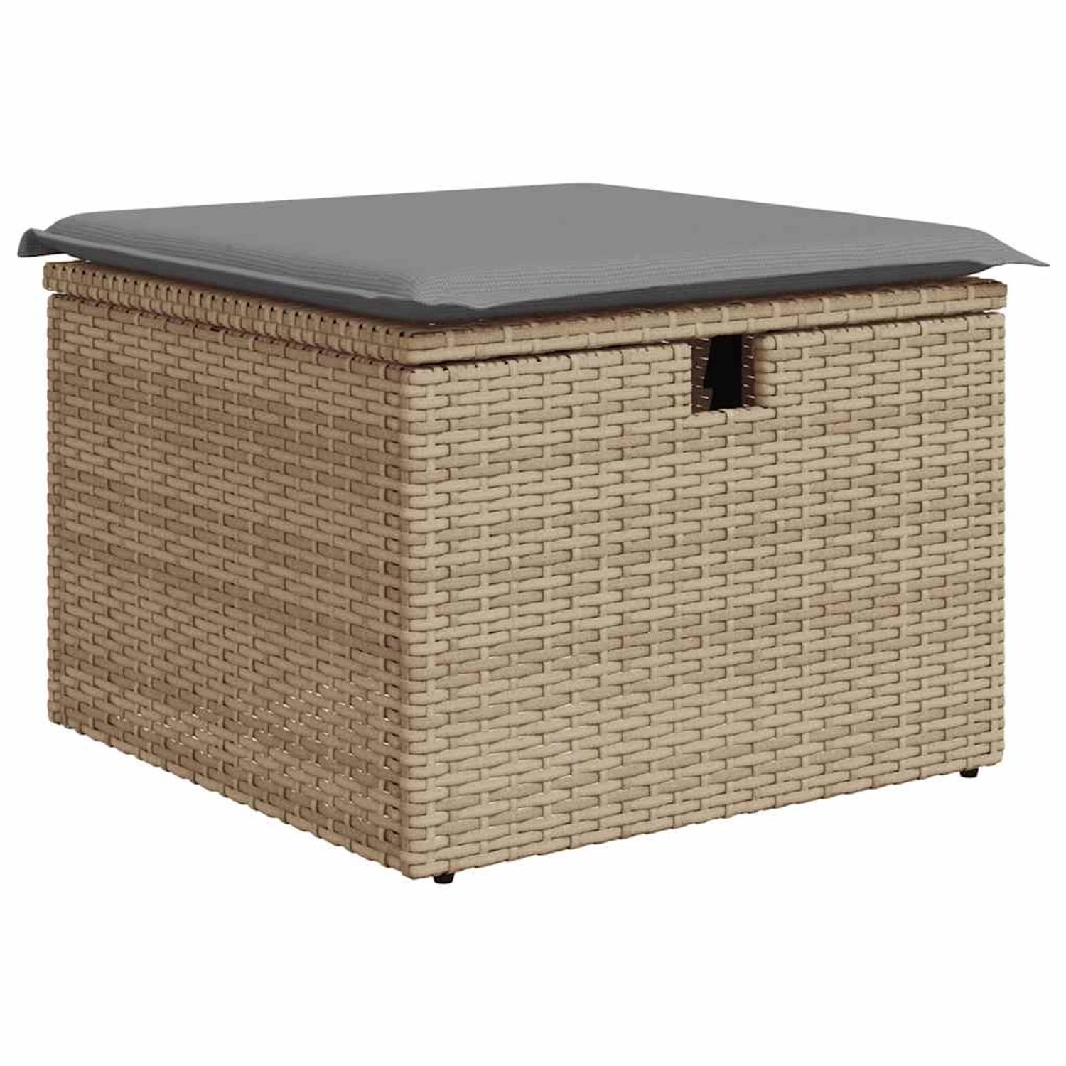 Beiger Gartenmöbel-Hocker aus Rattan mit grauem Kissen, Teil der vidaXL Sofagarnitur.