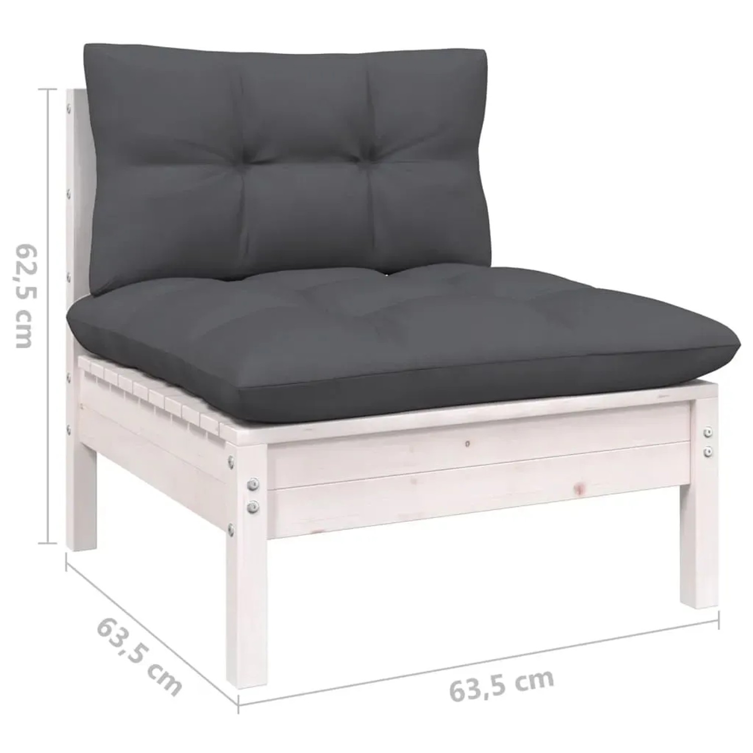 Weißes Gartenmöbel-Lounge-Set aus Kiefernholz mit anthrazitfarbenen Kissen.