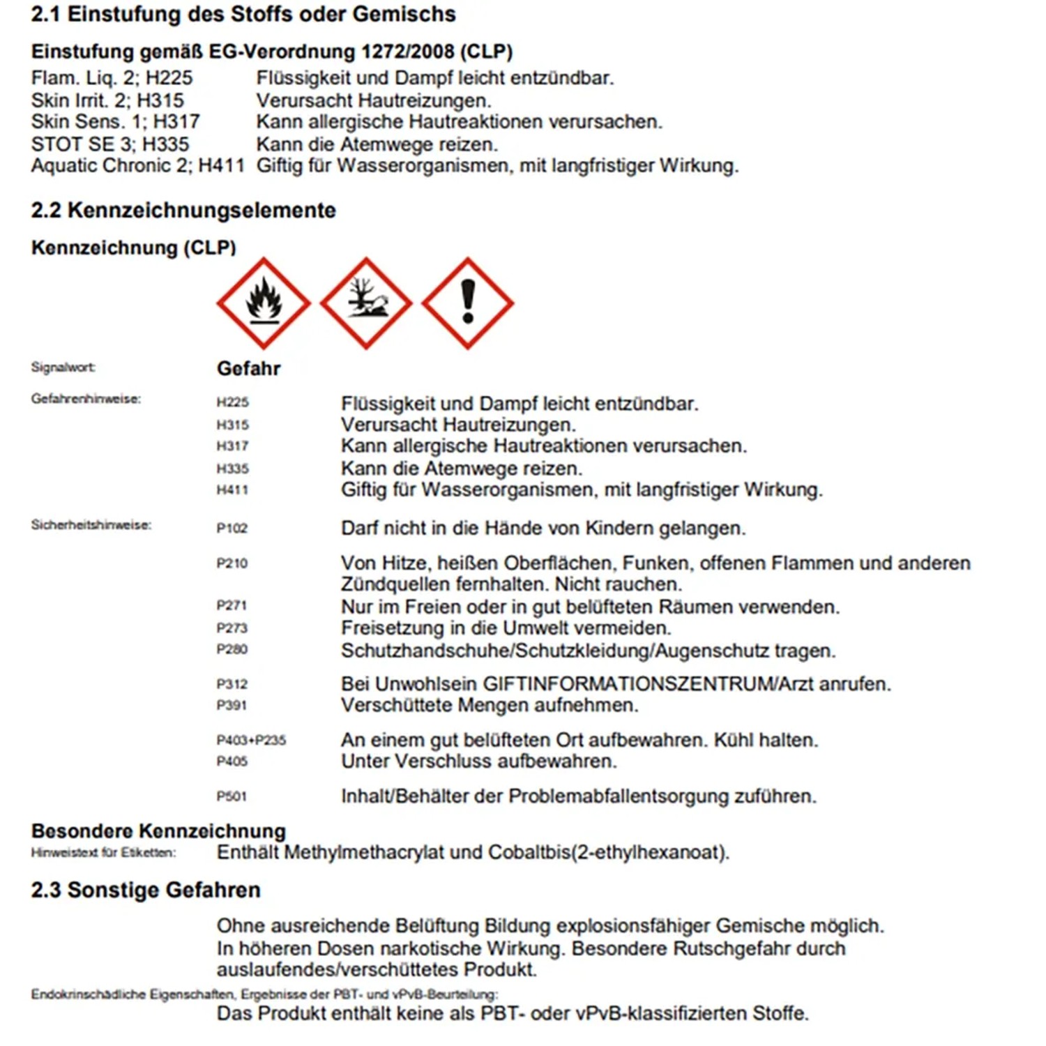 Sicherheitshinweise: Gefahrensymbole und Warnhinweise gemäß CLP-Verordnung.