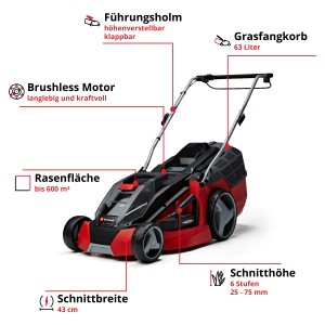 Einhell Akku-Rasenmäher GE-CM 43 Li mit Fangkorb und 2 Akkus der Power X-Change Familie.