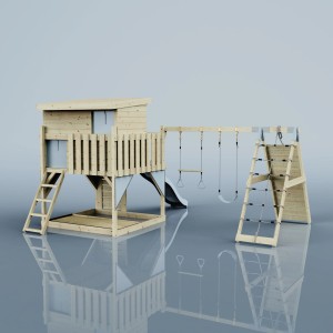 PolarPlay Spielturm Aksel Eisblau mit Schaukel, Rutsche und Kletterwand.