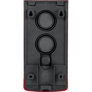 Rückseite der Homematic IP Alarmsirene außen, dunkelgrau mit roten Akzenten, zeigt Montagepunkte.