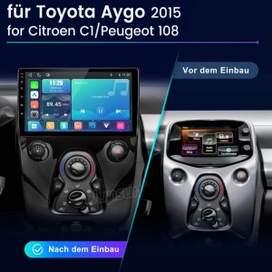 Junsun Autoradio für Toyota Aygo, C1, 108: Vorher-Nachher-Ansicht des Einbaus mit modernem Touchscreen.