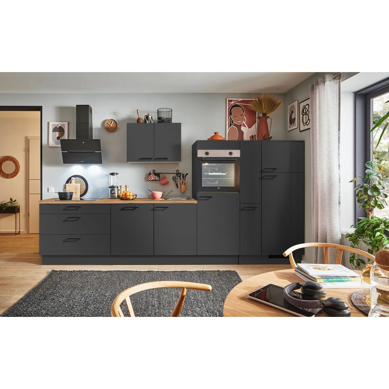 pino Küchenzeile 360 cm Grafit Anschlag rechts 1 Geräte-, 1 Apothekerschran günstig online kaufen