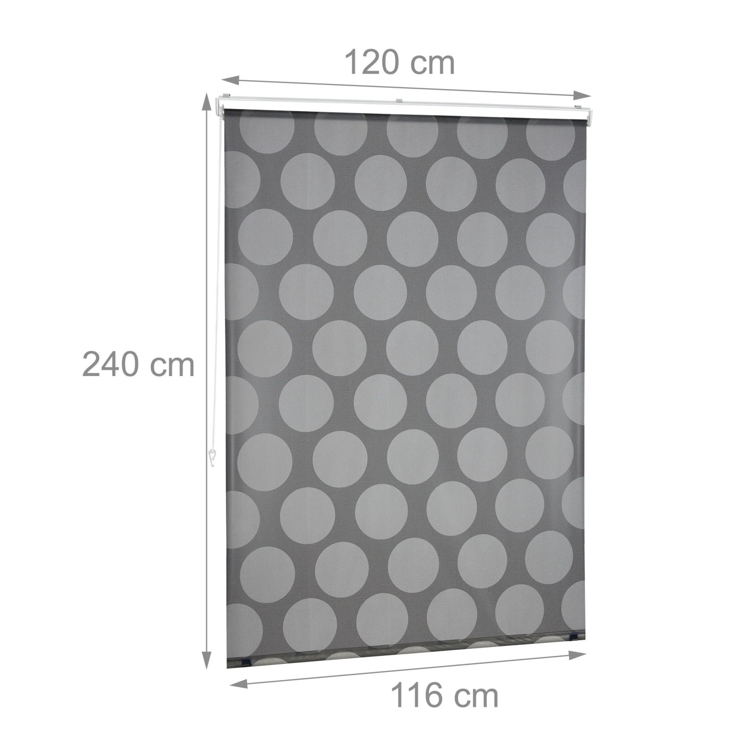 Graues Relaxdays Duschrollo 120x240 cm mit Punktmuster, wasserabweisend für Dusche und Badewanne.