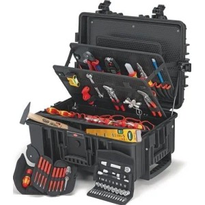 Knipex Robust45 Elektro Werkzeugkoffer, 63-teilig, schwarz, offen mit VDE-Werkzeugen für Elektriker.