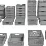 Vielfältiges Sortiment an grauen Eurobox-System Aufbewahrungsboxen in verschiedenen Größen und Ausführungen.