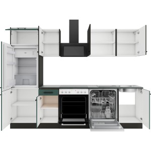 Optifit Küchenzeile KPMV 2702OE-9+ in Anthrazit/Steingrün, 270 cm breit, mit offenen Schranktüren.