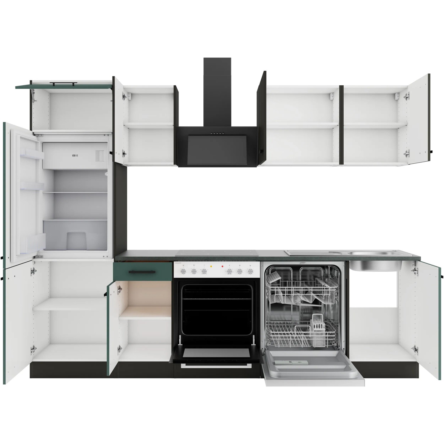 Optifit Küchenzeile KPMV 2702OE-9+ in Anthrazit/Steingrün, 270 cm breit, mit offenen Schranktüren.